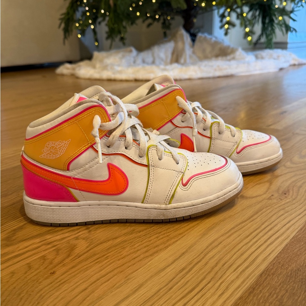 Jordan 1 Mid Edge Glow | Nike White, Orange, and Pink Air Jordan Sneakers
